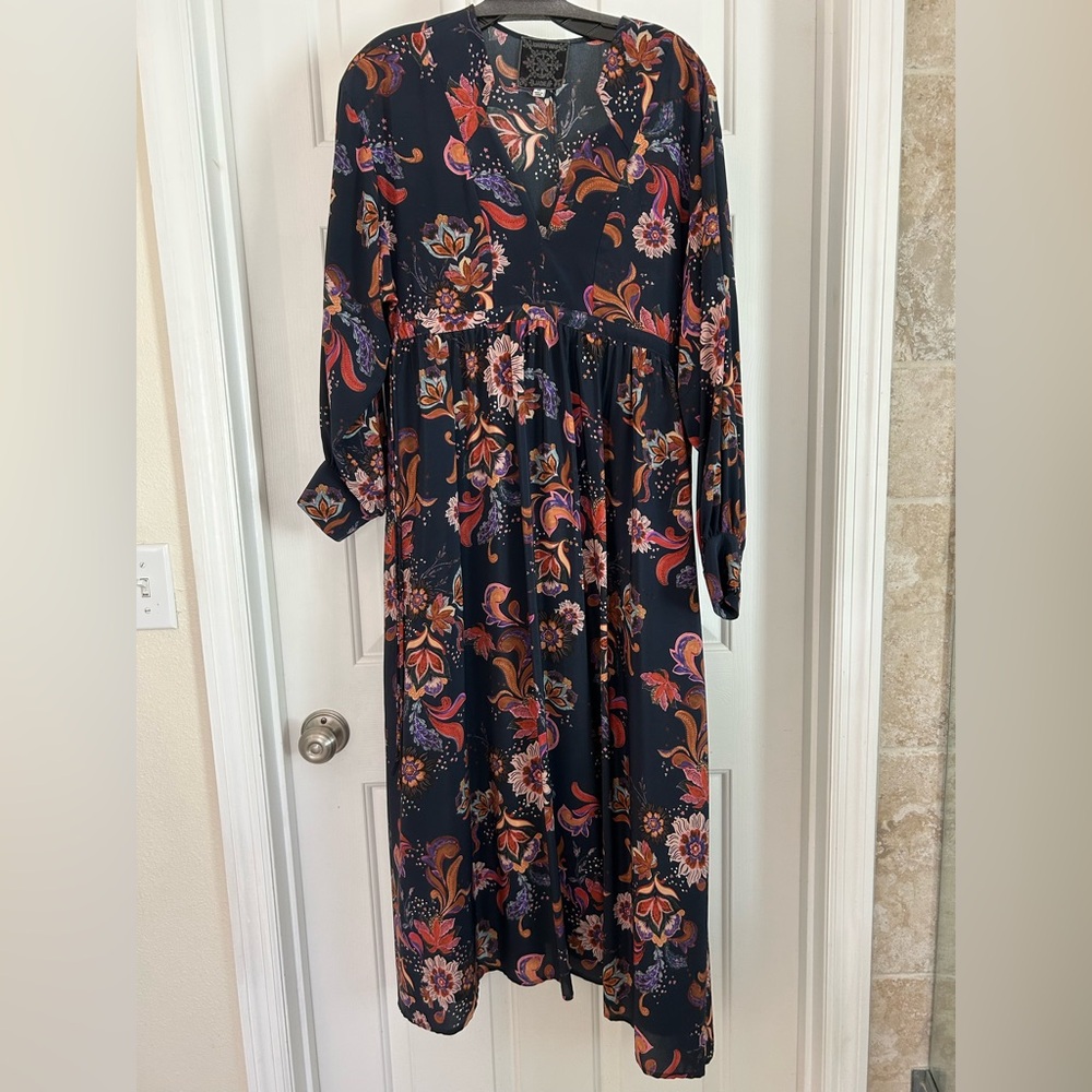 Johnny Was Navy Floral Long Sleeve Dress